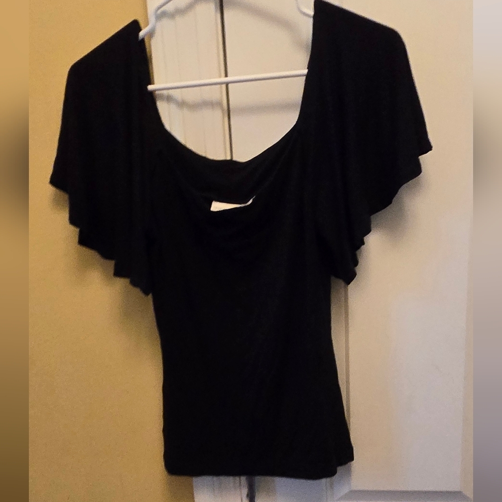 Newport News Womens Black Flutter Sleeve Blouse NWOT Y2k